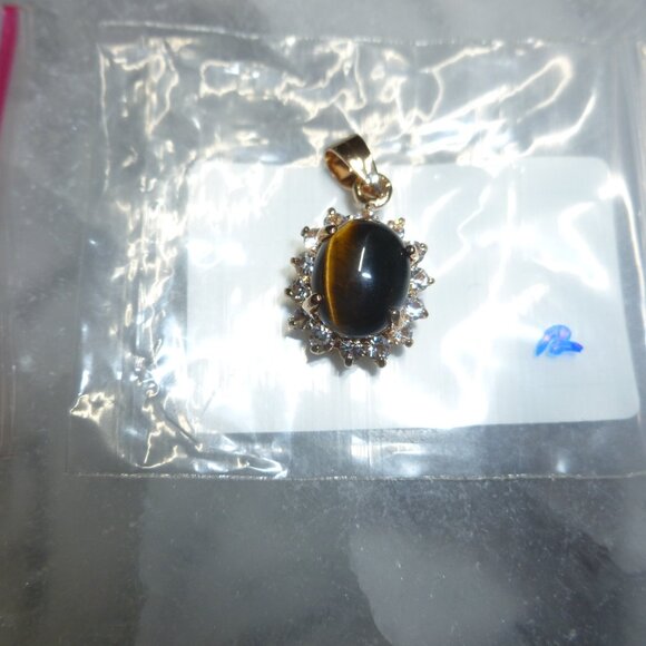 18K Gold Electroplate Tiger's Eye Swarovski Crystals Pendant - Picture 4 of 16